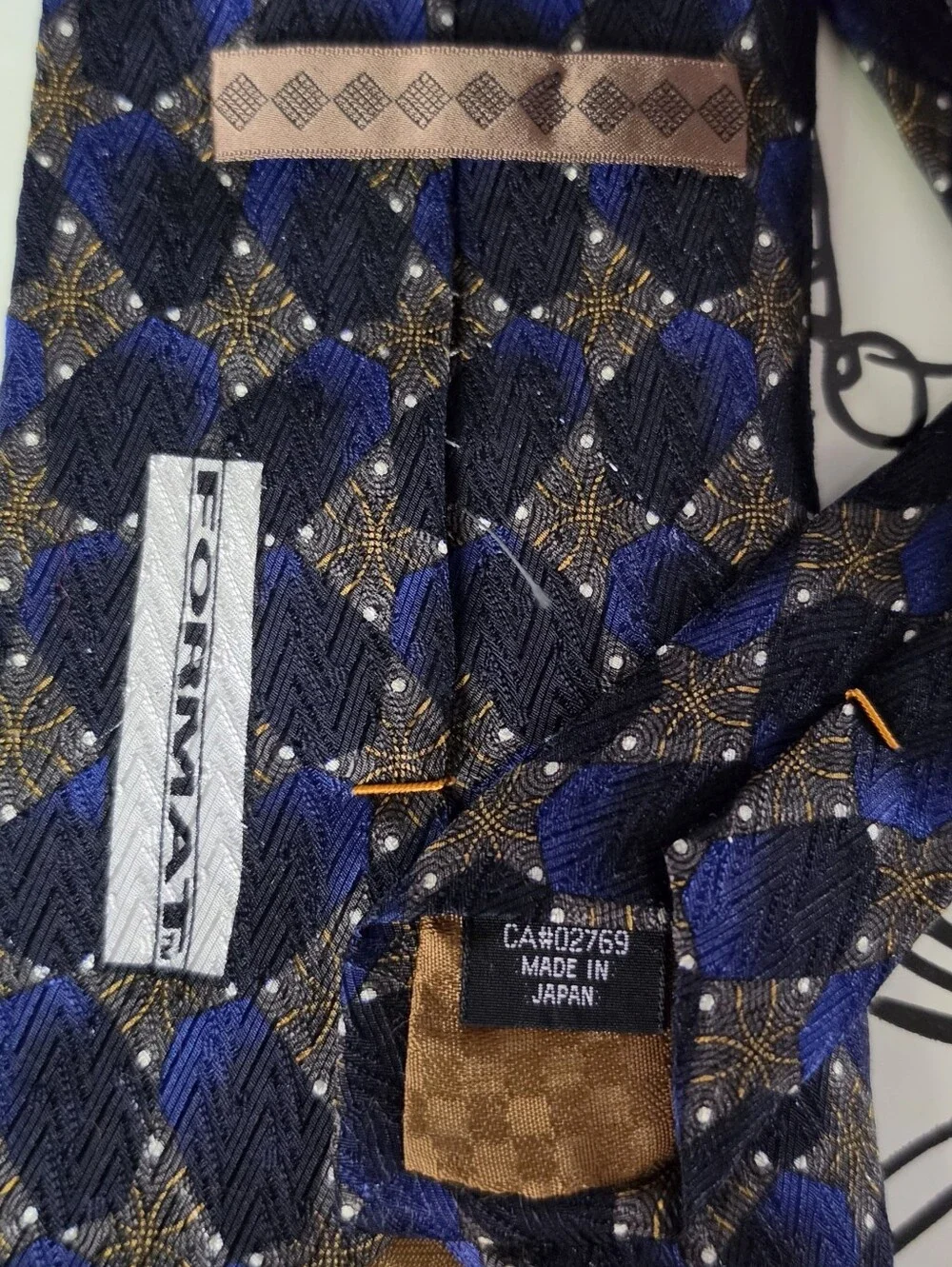 Vintage Format Silk Tie Blue Gold Diamond Geometric Long Necktie Made in Japan